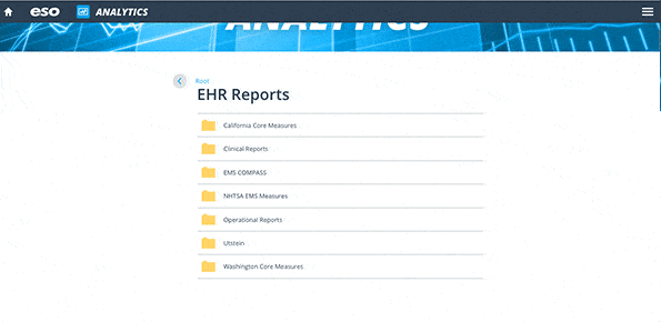 screenshots of process of locating and opening EHR Reports in ESO Analytics reporting