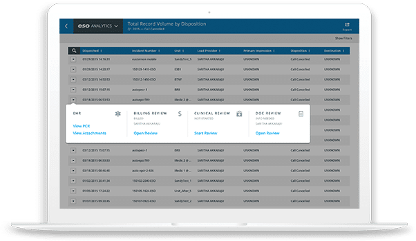 Laptop screenshot of ESO EMS Analytics Software landing page.