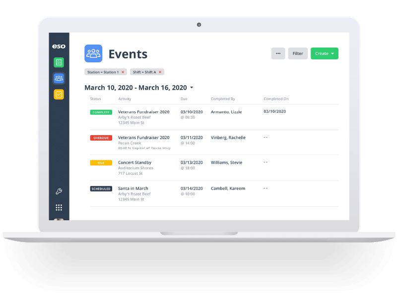 Laptop screenshot of ESO EMS Activities Software events feature.