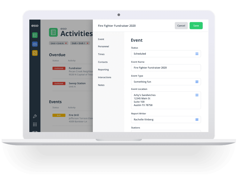 Laptop screenshot of ESO EMS Activities Software event specific tab.