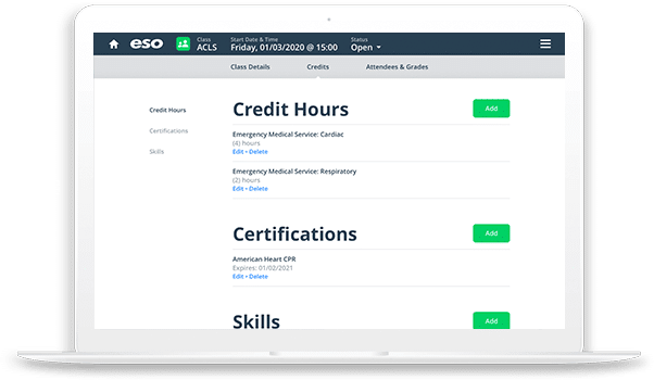 Laptop screenshot of overview of credit hours, certifications, and skills in ESO EMS Personnel Management.