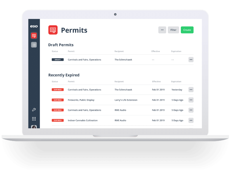 Screenshot of ESO Permits page with listing of drafts and expired permits.